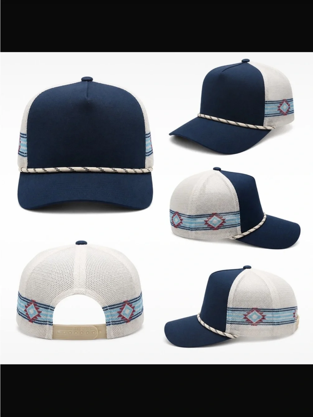Navy Blue Rope-Trim Trucker Hat